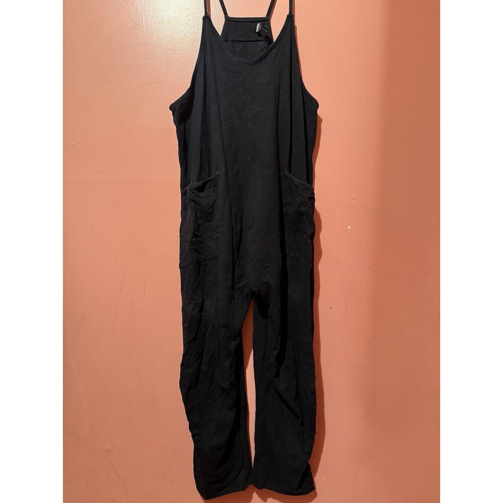 Trendy Queen Womens Jumpsuit Romper L Large Black Pockets V Neck Comfort